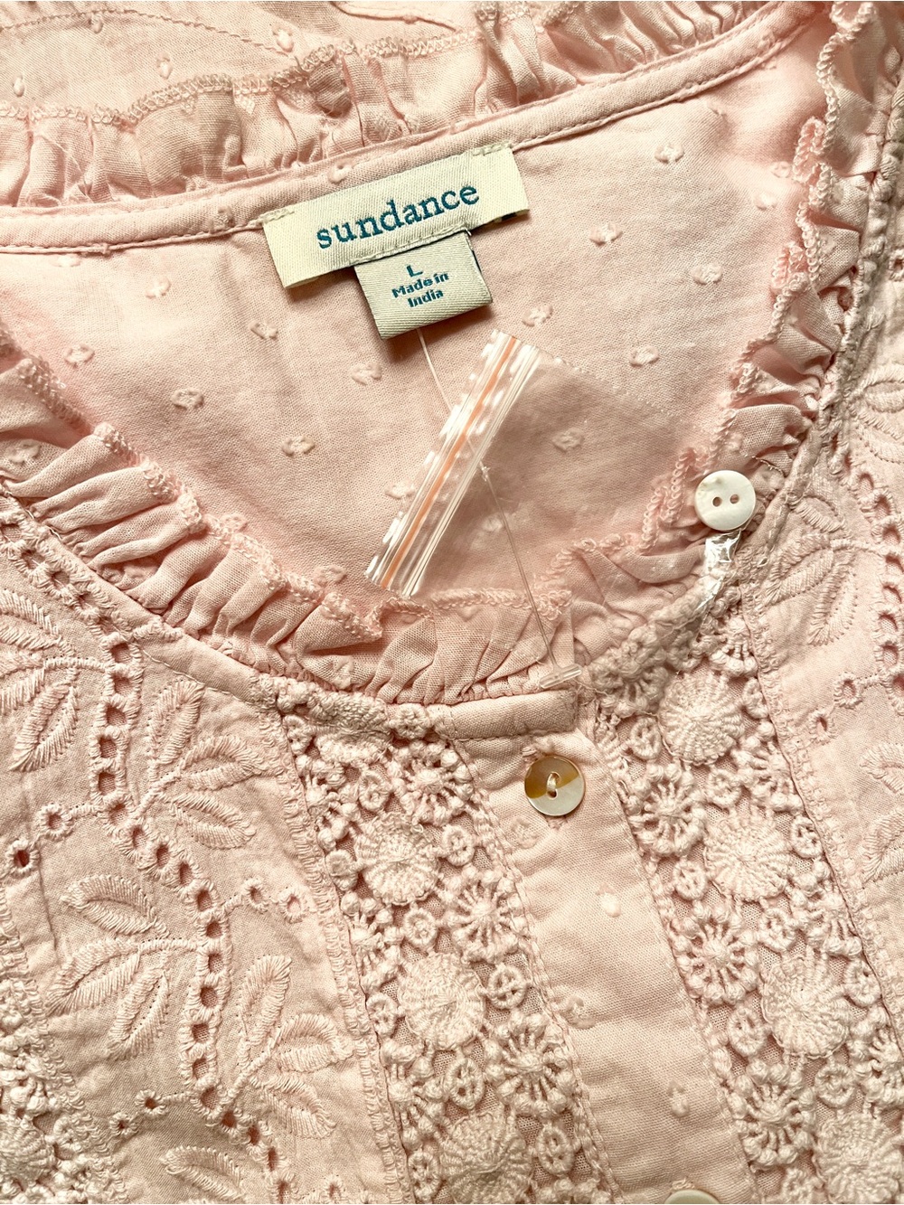 New Sundance Mirabelle Pale Pink Swiss Dot Crochet Eyelet Ruffle Blouse large - Picture 4 of 5